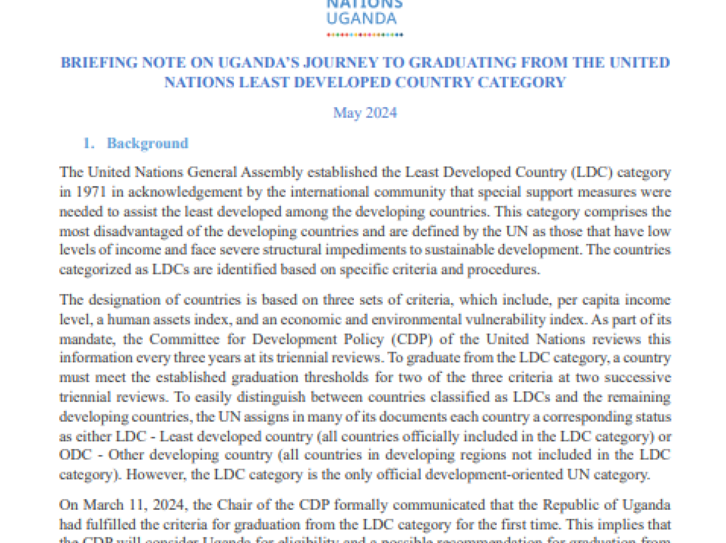 Cover of UN Briefing Note on Uganda's Graduation from LDC Status