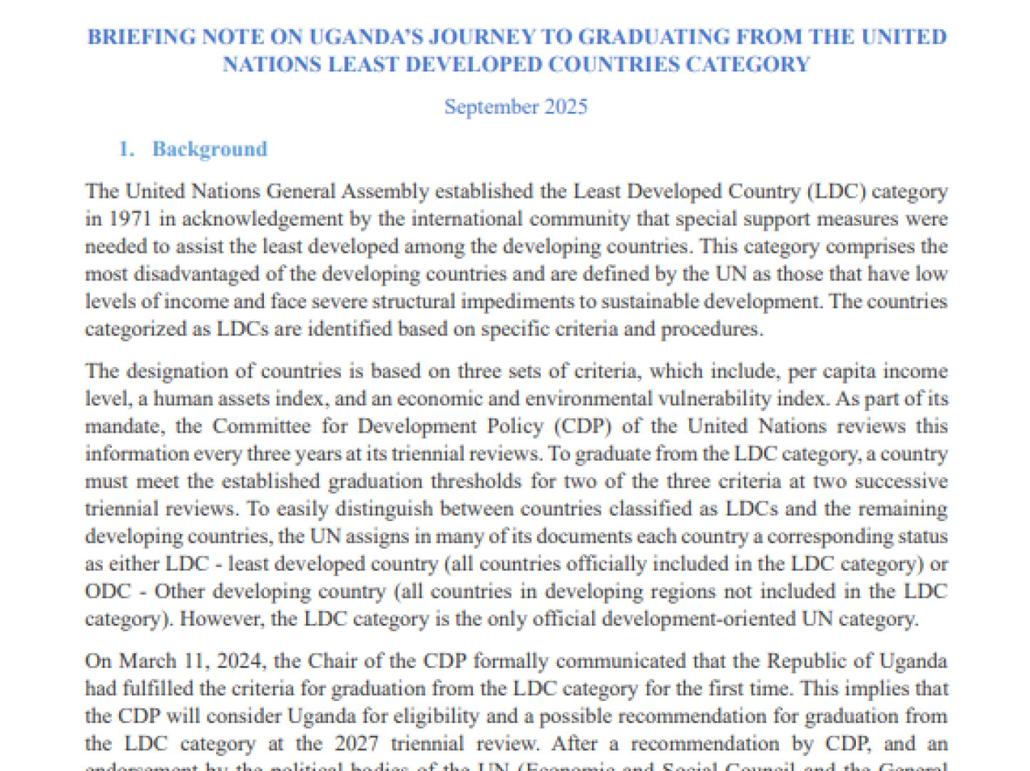 Cover of UN Briefing Note on Uganda's Graduation Process from LDC Category